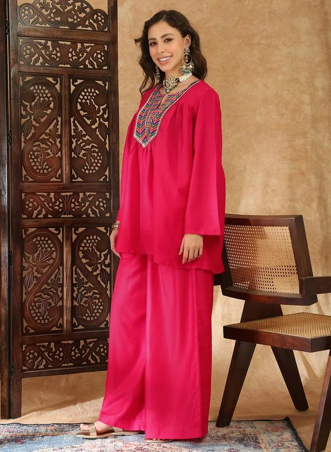 Globus Pink Tunic and Trousers Co-Ord Set with Embroidered Neckline