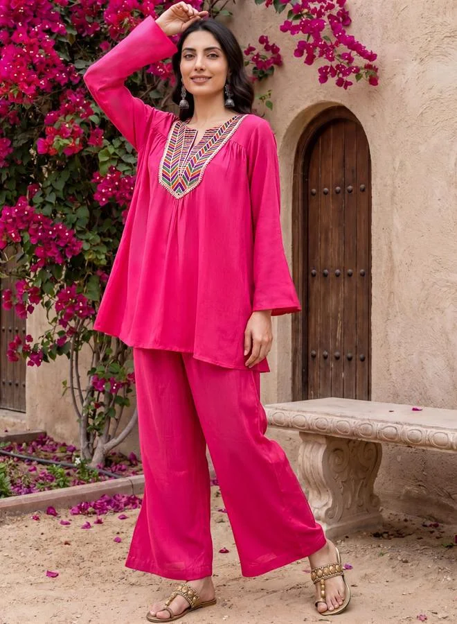 Globus Pink Tunic and Trousers Co-Ord Set with Embroidered Neckline
