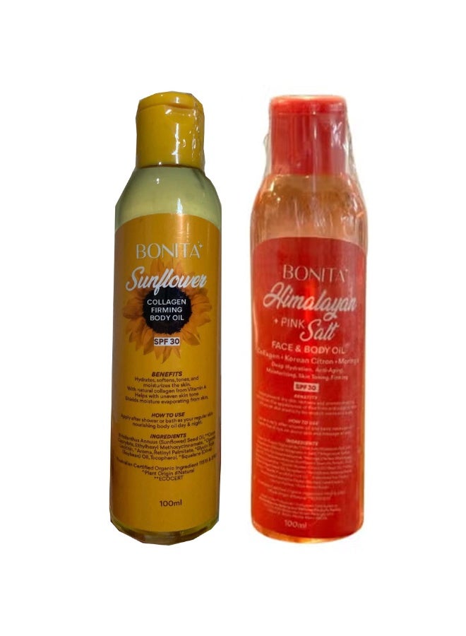 بونيتا زيت لشد الجسم بخلاصة دوار الشمس والكولاجين بعامل حماية من الشمس 30 - 100 مل & زيت بونيتا للوجه والجسم بملح الهيمالايا الوردي مع عامل حماية من الشمس 30 - 100 مل