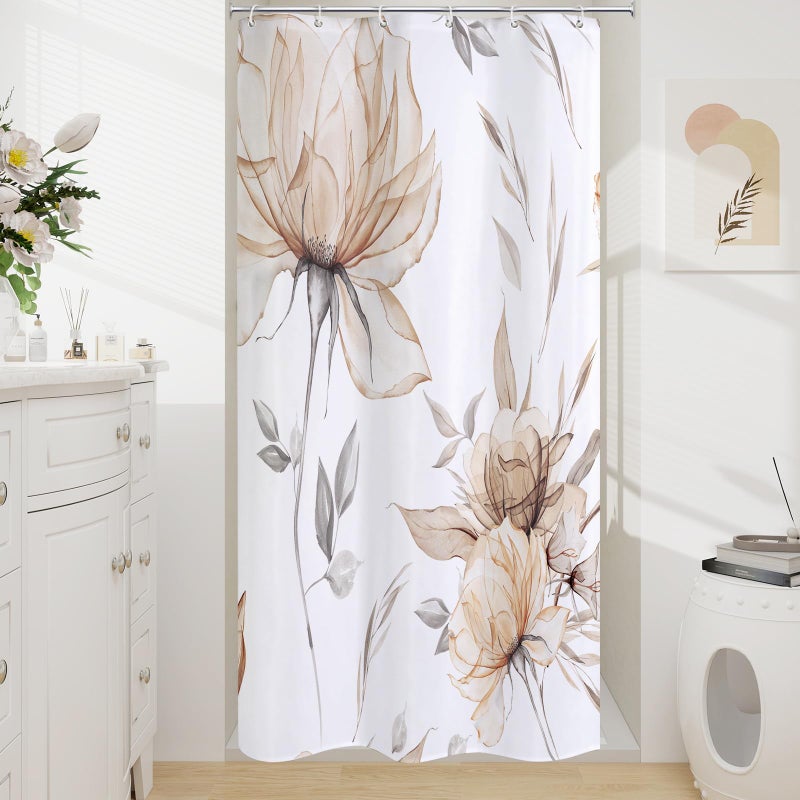 Litabel Light Brown and Grey Boho Watercolor Floral Shower Curtain, Ink Painting Style Blossom & Leaf Shower Curtains for Chic Elegant Bathroom, Artistic Tan Fabric Flower Shower Curtain, 72x72 - Image 1