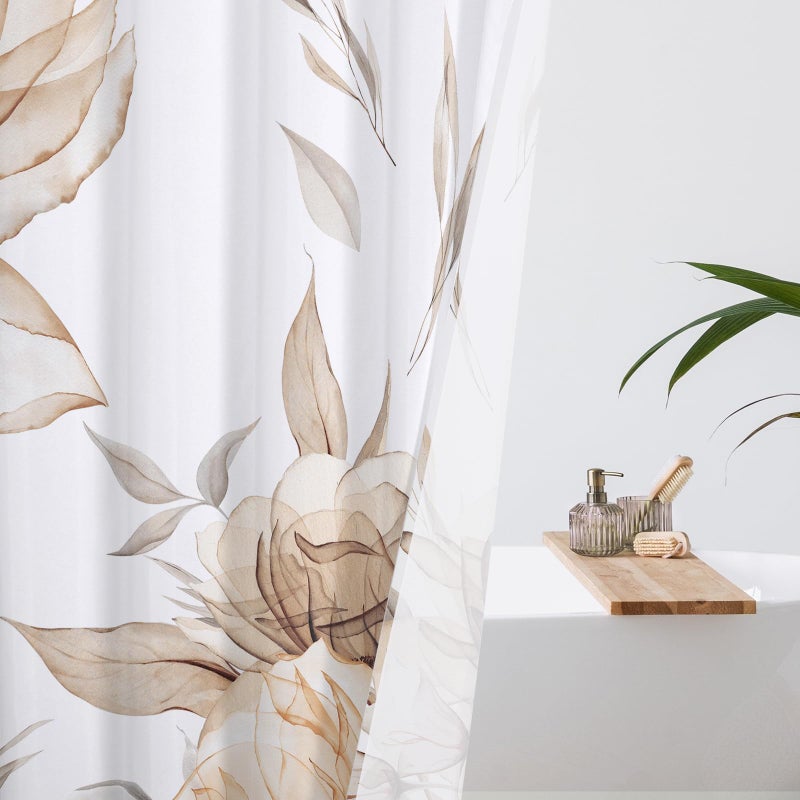 Litabel Light Brown and Grey Boho Watercolor Floral Shower Curtain, Ink Painting Style Blossom & Leaf Shower Curtains for Chic Elegant Bathroom, Artistic Tan Fabric Flower Shower Curtain, 72x72 - Image 3