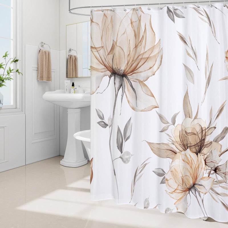 Litabel Light Brown and Grey Boho Watercolor Floral Shower Curtain, Ink Painting Style Blossom & Leaf Shower Curtains for Chic Elegant Bathroom, Artistic Tan Fabric Flower Shower Curtain, 72x72 - Image 2
