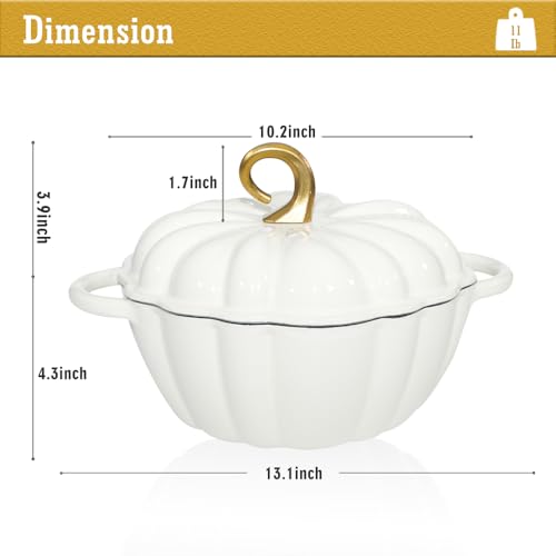 COOKWIN Pumpkin Dutch Oven 4.5 QT Pumpkin Dutch Oven With Lid,White Enamel Cast Iron Pot,Cushaw Shape Cooking Oven,Serves 3-5,Christmas Thanksgiving Decor Pot Gift - Image 3