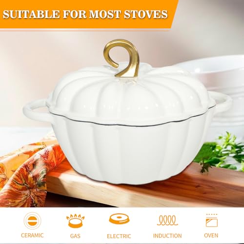 COOKWIN Pumpkin Dutch Oven 4.5 QT Pumpkin Dutch Oven With Lid,White Enamel Cast Iron Pot,Cushaw Shape Cooking Oven,Serves 3-5,Christmas Thanksgiving Decor Pot Gift - Image 2