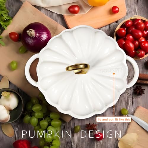COOKWIN Pumpkin Dutch Oven 4.5 QT Pumpkin Dutch Oven With Lid,White Enamel Cast Iron Pot,Cushaw Shape Cooking Oven,Serves 3-5,Christmas Thanksgiving Decor Pot Gift - Image 5
