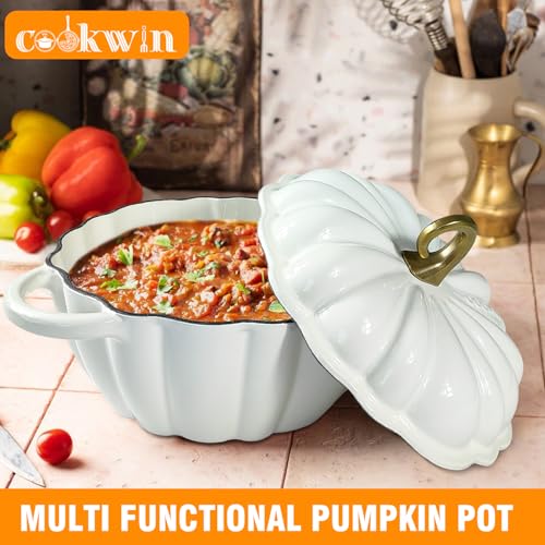 COOKWIN Pumpkin Dutch Oven 4.5 QT Pumpkin Dutch Oven With Lid,White Enamel Cast Iron Pot,Cushaw Shape Cooking Oven,Serves 3-5,Christmas Thanksgiving Decor Pot Gift - Image 4
