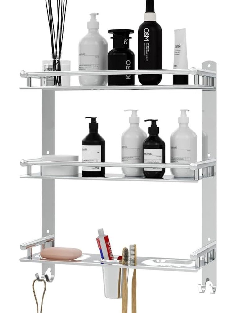 GLOXY Stainless Steel 3 Layer Multipurpose Organizer Bathroom Shelf for Wall with Double Soap Dish and Toothbrush Holder Soap Holder Bathroom Accessories (15 x 5 x 19 inch) - Image 1
