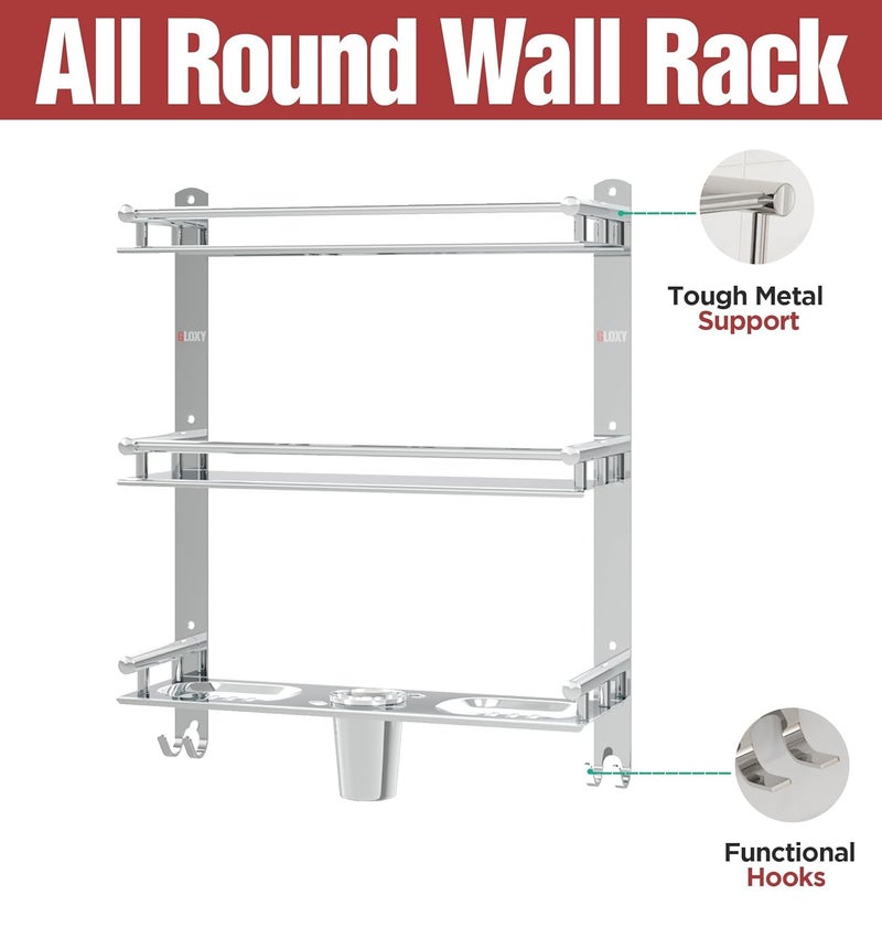GLOXY Stainless Steel 3 Layer Multipurpose Organizer Bathroom Shelf for Wall with Double Soap Dish and Toothbrush Holder Soap Holder Bathroom Accessories (15 x 5 x 19 inch) - Image 5