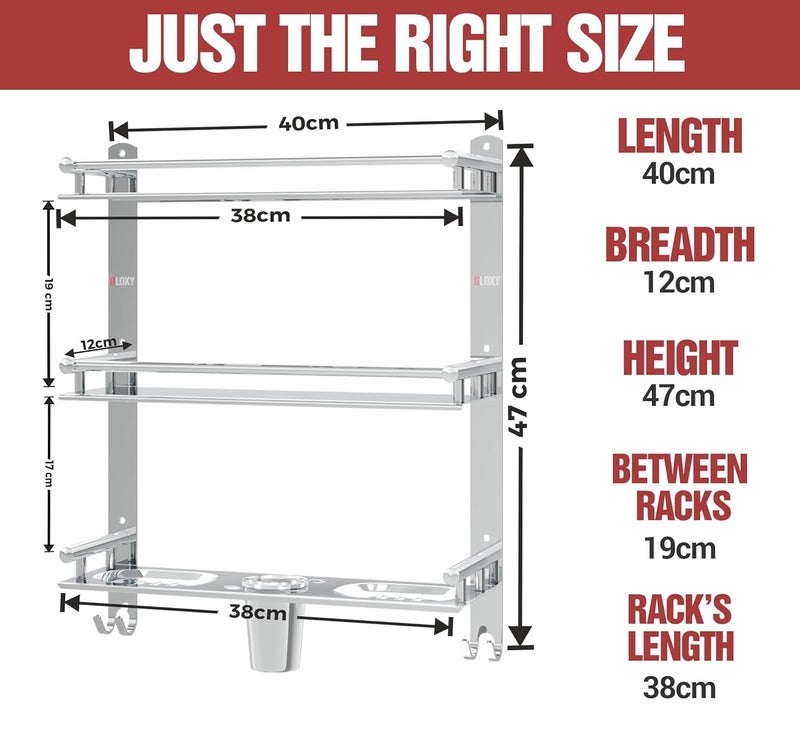 GLOXY Stainless Steel 3 Layer Multipurpose Organizer Bathroom Shelf for Wall with Double Soap Dish and Toothbrush Holder Soap Holder Bathroom Accessories (15 x 5 x 19 inch) - Image 3