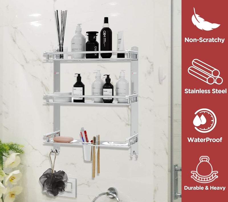 GLOXY Stainless Steel 3 Layer Multipurpose Organizer Bathroom Shelf for Wall with Double Soap Dish and Toothbrush Holder Soap Holder Bathroom Accessories (15 x 5 x 19 inch) - Image 4
