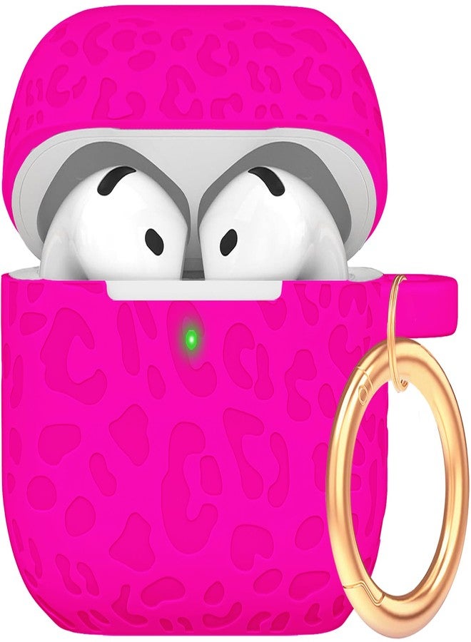 جراب Gawnock بنقشة جلد النمر متوافق مع AirPods الجيل الرابع، مزود بسلسلة مفاتيح، غطاء ناعم لحماية كاملة، مؤشر LED أمامي مرئي، لون وردي فاقع - Image 1