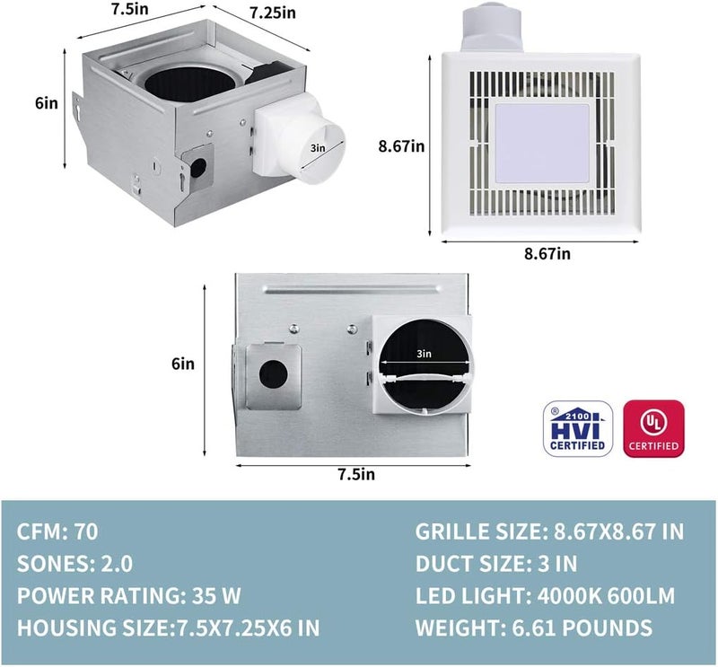 Tech Drive Very-Quiet 70 CFM, 2.0 Sone Bathroom Ventilation and Exhaust Fan With LED light 4000K 600LM(70CFM),Ceiling Mounted Fan,Easy to Install - Image 2