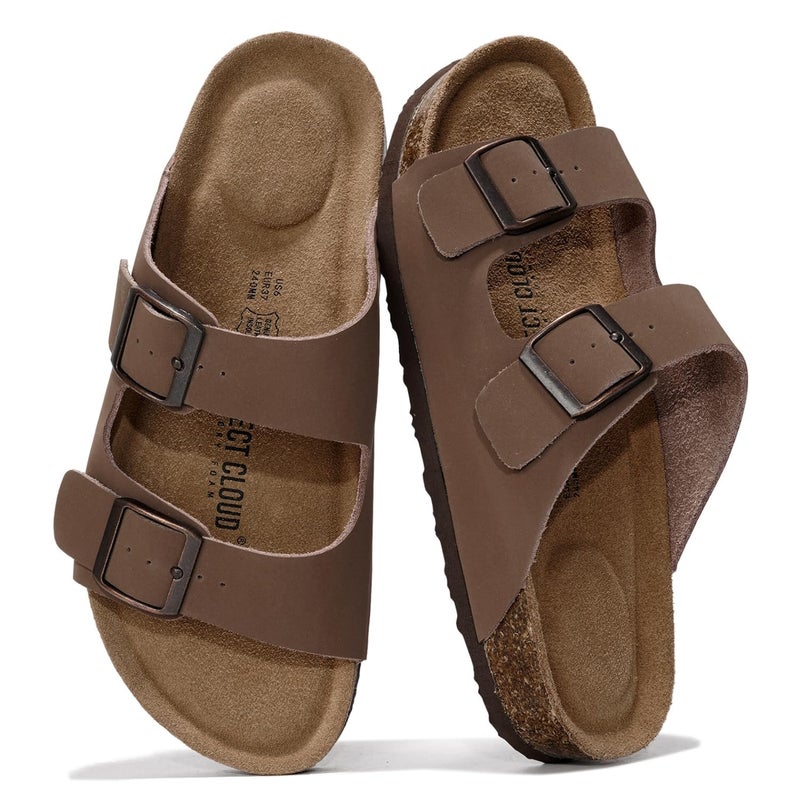 Project Cloud 100% Genuine Leather Flat Sandals For Women 2026 Cork Footbed Womens Sandals with Memory Foam and arch support Vacation Essentials Slides for Women Footwear (Venita, Tan, 9) - Image 1