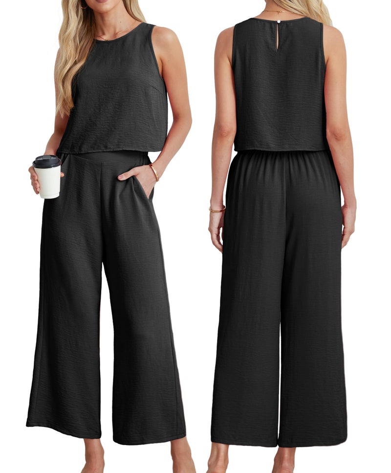 IWOLLENCE Women's Summer 2 Piece Outfits Set Round neck Sleeveless Tank Crop Top Wide Leg pants Set Pockets Jumpsuits Black Medium - Image 4