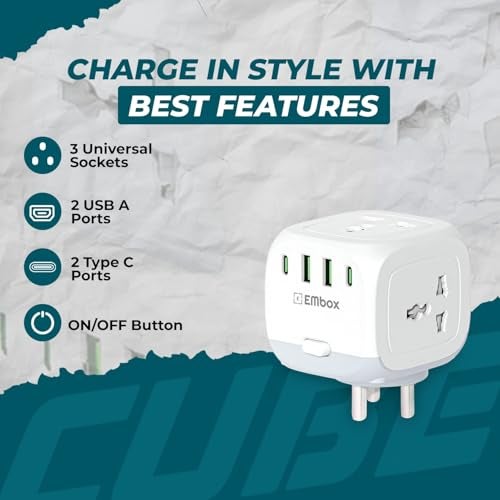 EMBOX Multi Plug Socket with Type C Port Master Switch-Cordless Extension Board with 3 Sockets 2 USB A & 2 USB C Slot (2.4A-Direct Plug)-3 Pin Multiplug with Safety Shutter Protection-2500W - Image 2