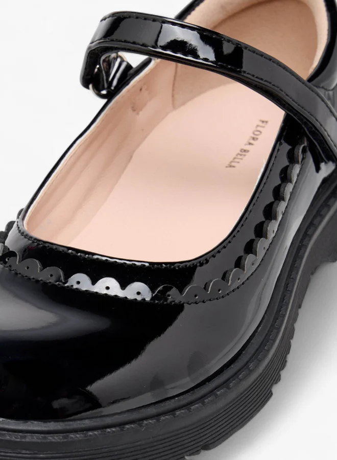Flora Bella By Shoexpress Girls Scalloped Detail Mary Jane School Shoes with Hook and Loop Closure