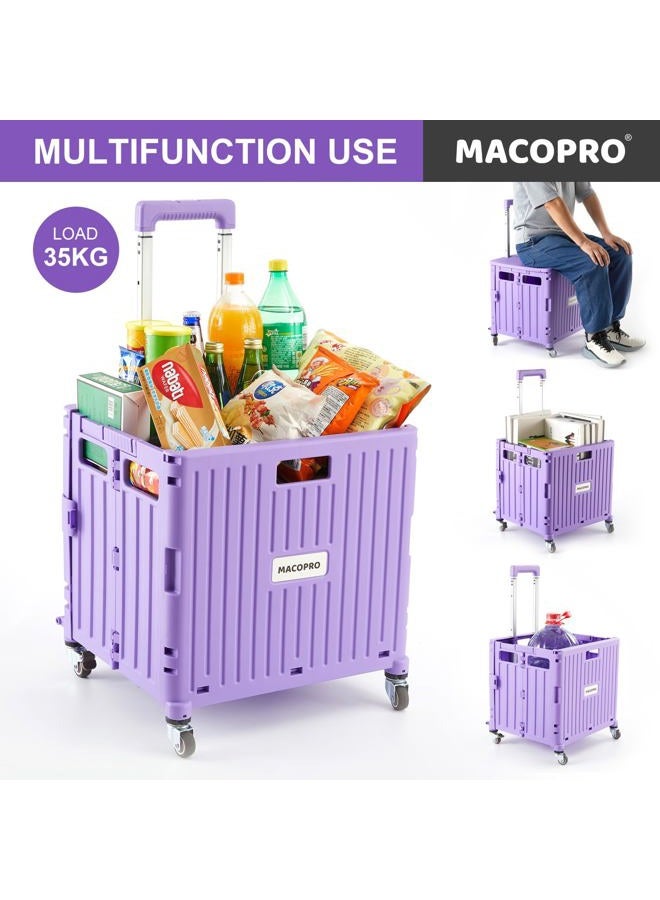 MACOPRO Foldable Utility Cart Folding Portable Rolling Crate Handcart with Durable Heavy Duty Plastic Telescoping Handle Collapsible 4 Rotate Wheels for Travel Shopping Moving Luggage Office Use (Purple) - Image 2