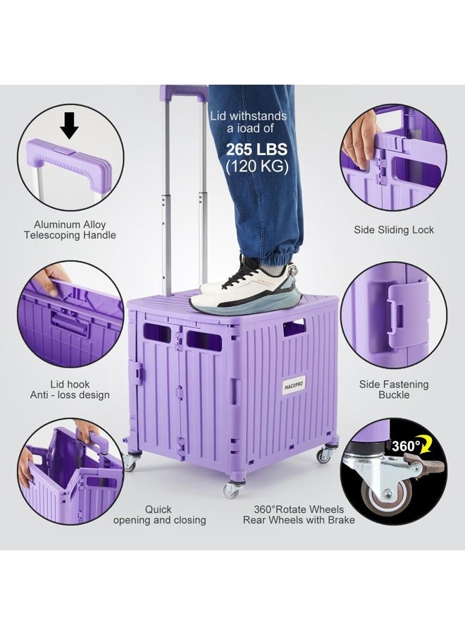 MACOPRO Foldable Utility Cart Folding Portable Rolling Crate Handcart with Durable Heavy Duty Plastic Telescoping Handle Collapsible 4 Rotate Wheels for Travel Shopping Moving Luggage Office Use (Purple) - Image 3