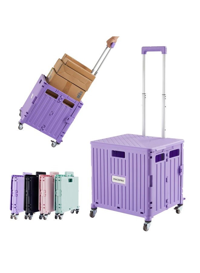 MACOPRO Foldable Utility Cart Folding Portable Rolling Crate Handcart with Durable Heavy Duty Plastic Telescoping Handle Collapsible 4 Rotate Wheels for Travel Shopping Moving Luggage Office Use (Purple) - Image 1