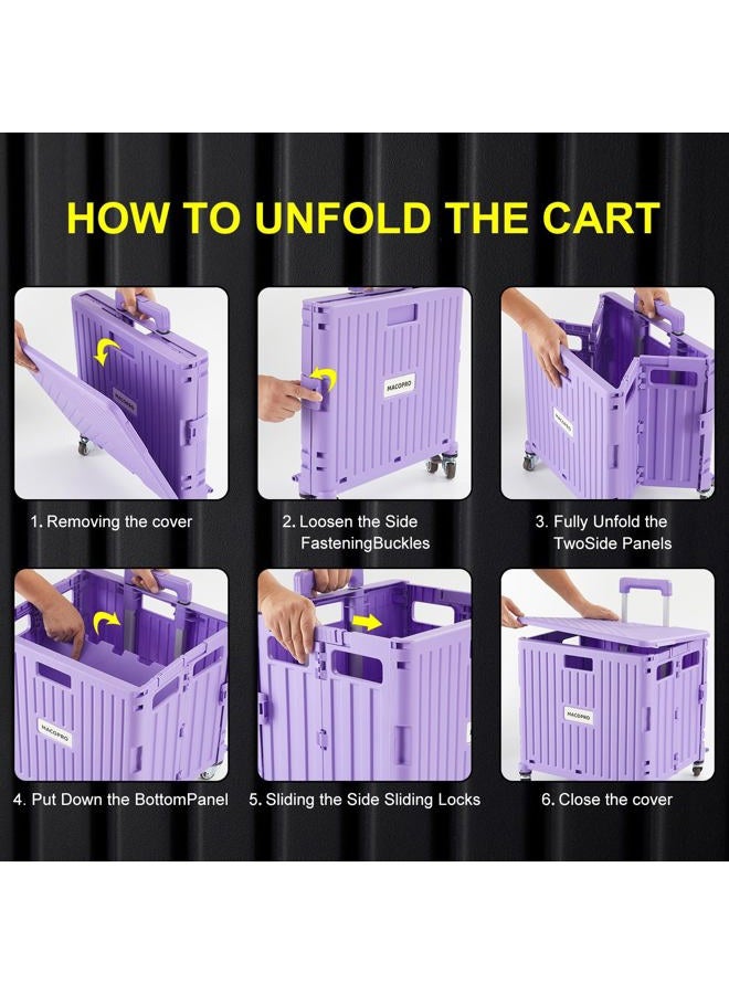 MACOPRO Foldable Utility Cart Folding Portable Rolling Crate Handcart with Durable Heavy Duty Plastic Telescoping Handle Collapsible 4 Rotate Wheels for Travel Shopping Moving Luggage Office Use (Purple) - Image 5