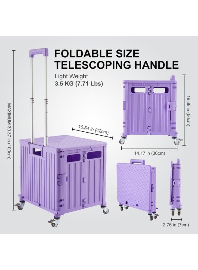 MACOPRO Foldable Utility Cart Folding Portable Rolling Crate Handcart with Durable Heavy Duty Plastic Telescoping Handle Collapsible 4 Rotate Wheels for Travel Shopping Moving Luggage Office Use (Purple) - Image 4