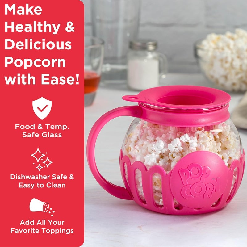 Ecolution Patented Micro-Pop Microwave Popcorn Popper with Temperature Safe Glass, 3-in-1 Lid Measures Kernels and Melts Butter, Made Without BPA, Dishwasher Safe, 1.5-Quart, Pink (Pack of 4) - Image 2