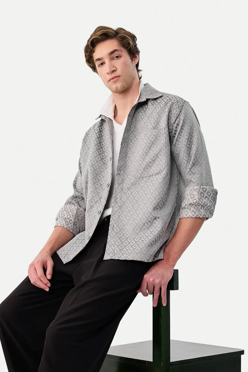 سنيتش Grey Geometric Long Sleeve Relaxed Overshirt