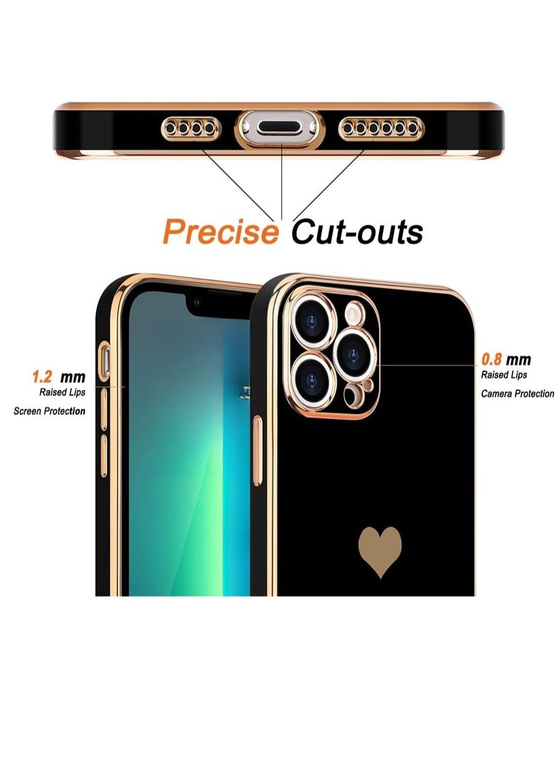 WRISTWISE Case Cover for iPhone 13 Pro for Women Girl Cute Love-Heart Luxury Bling Plating Soft Back Cover Raised Full Camera Protection Bumper Silicone Shockproof Phone Case, Black - Image 2