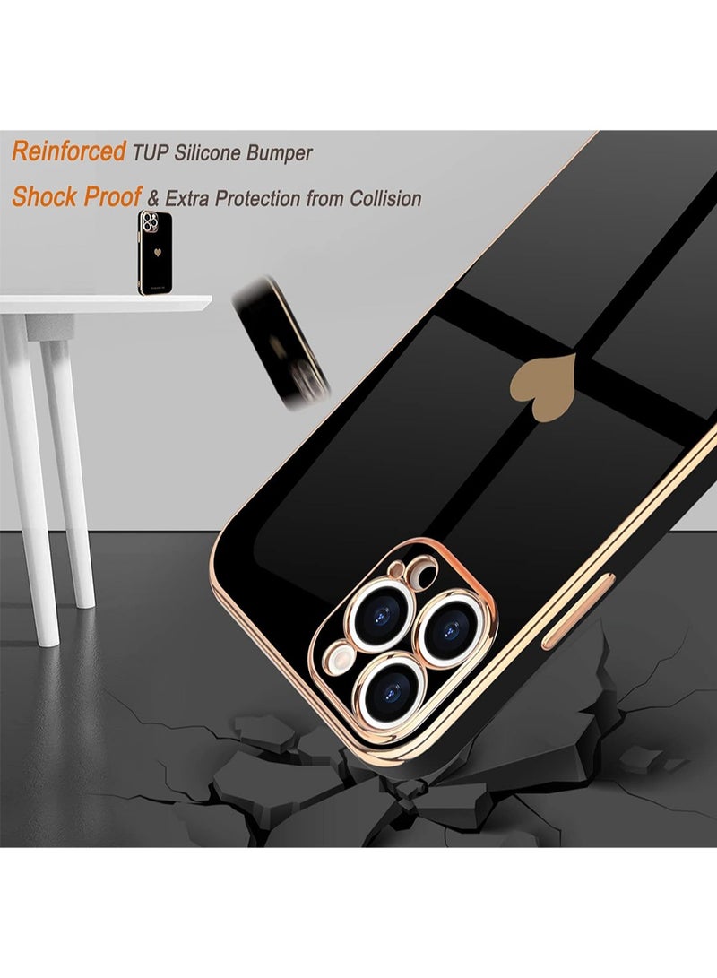 WRISTWISE Case Cover for iPhone 13 Pro for Women Girl Cute Love-Heart Luxury Bling Plating Soft Back Cover Raised Full Camera Protection Bumper Silicone Shockproof Phone Case, Black - Image 4