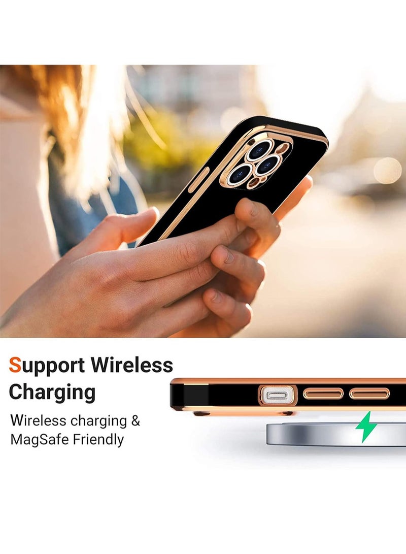 WRISTWISE Case Cover for iPhone 13 Pro for Women Girl Cute Love-Heart Luxury Bling Plating Soft Back Cover Raised Full Camera Protection Bumper Silicone Shockproof Phone Case, Black - Image 5