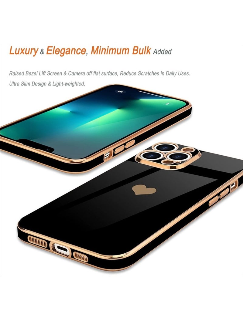 WRISTWISE Case Cover for iPhone 13 Pro for Women Girl Cute Love-Heart Luxury Bling Plating Soft Back Cover Raised Full Camera Protection Bumper Silicone Shockproof Phone Case, Black - Image 3
