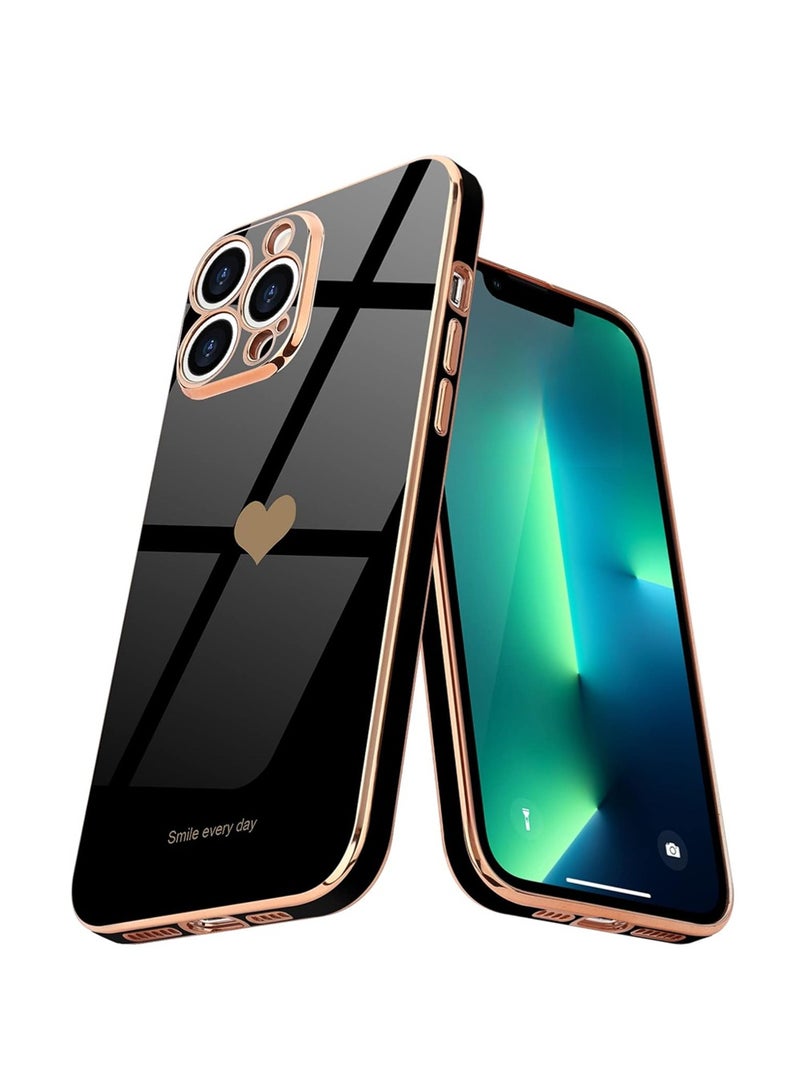 WRISTWISE Case Cover for iPhone 13 Pro for Women Girl Cute Love-Heart Luxury Bling Plating Soft Back Cover Raised Full Camera Protection Bumper Silicone Shockproof Phone Case, Black - Image 1