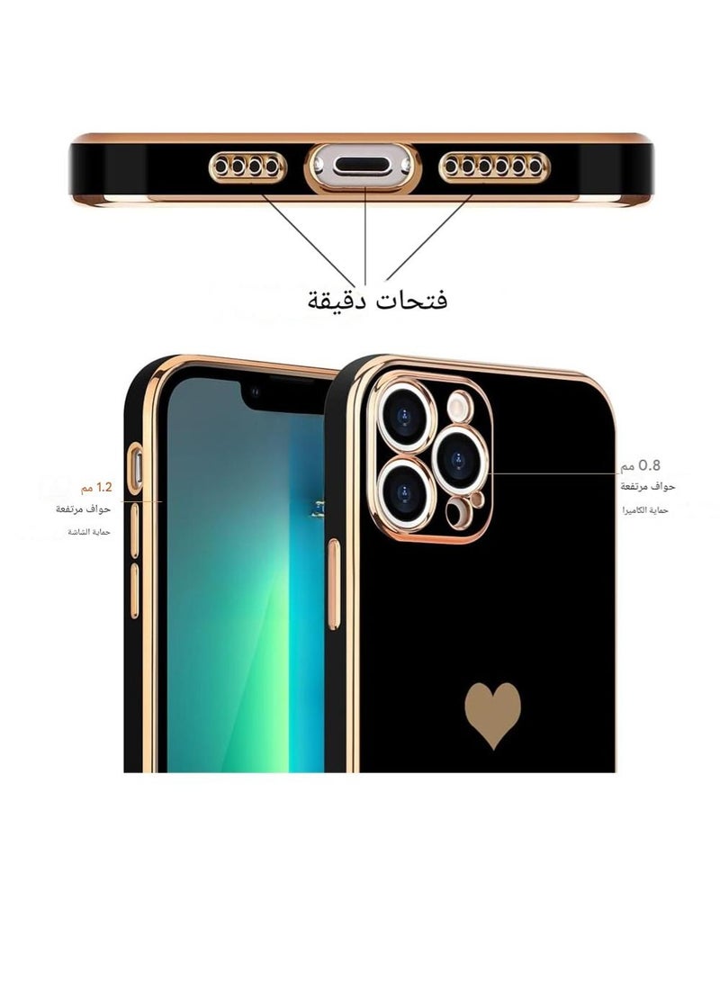 WRISTWISE Case Cover for iPhone 13 Pro for Women Girl Cute Love-Heart Luxury Bling Plating Soft Back Cover Raised Full Camera Protection Bumper Silicone Shockproof Phone Case, Black - Image 2