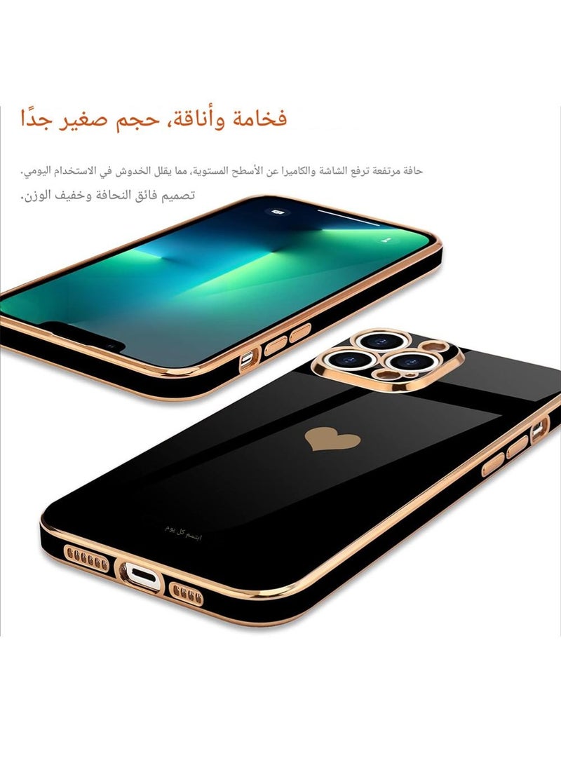 WRISTWISE Case Cover for iPhone 13 Pro for Women Girl Cute Love-Heart Luxury Bling Plating Soft Back Cover Raised Full Camera Protection Bumper Silicone Shockproof Phone Case, Black - Image 3