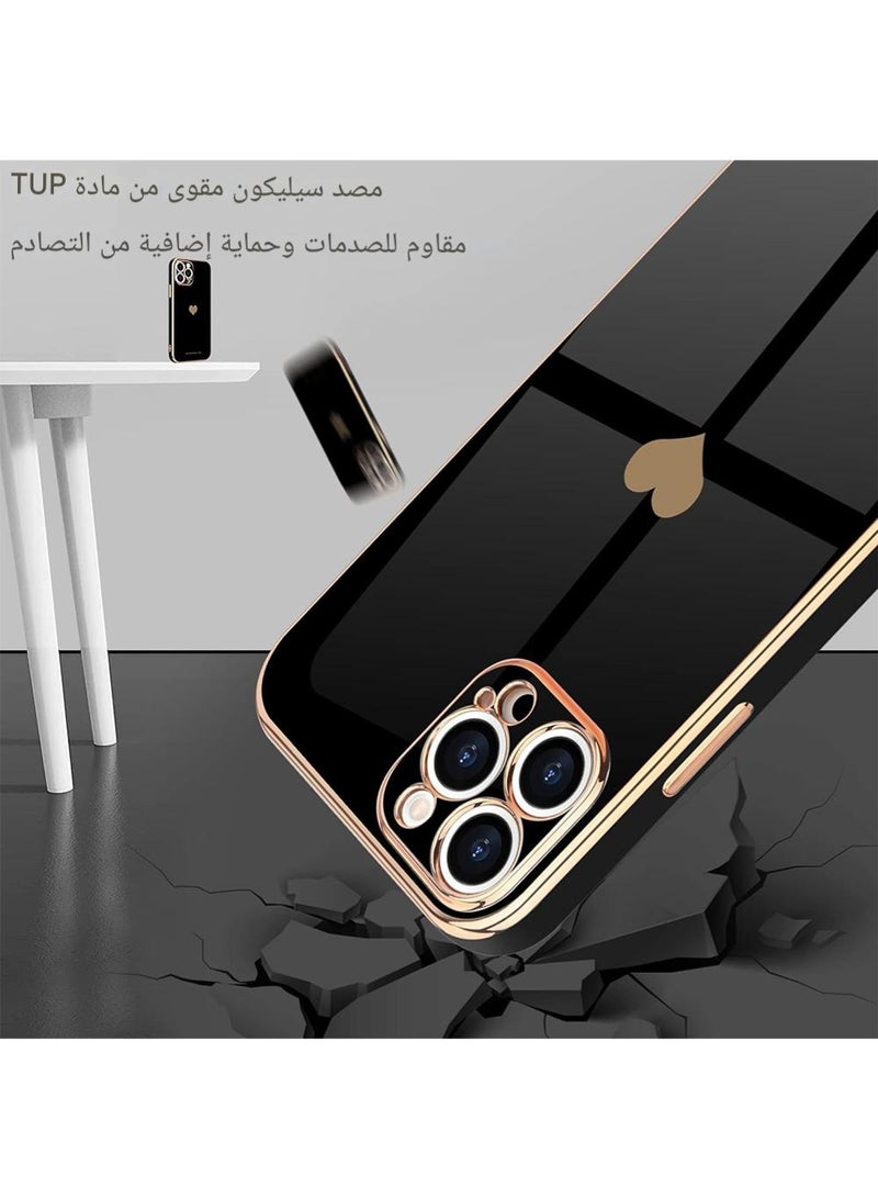WRISTWISE Case Cover for iPhone 13 Pro for Women Girl Cute Love-Heart Luxury Bling Plating Soft Back Cover Raised Full Camera Protection Bumper Silicone Shockproof Phone Case, Black - Image 4