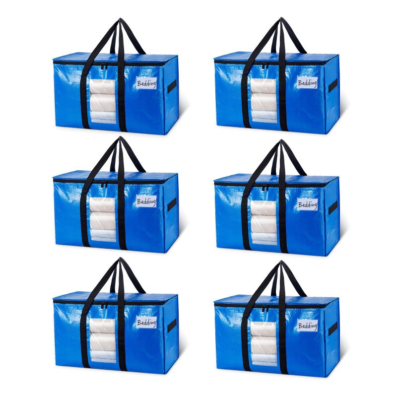 TAILI Extra Large Moving Bags 6 Pack Blue Heavy Duty Totes For Storage with Visible Window Wrap Around Handles Storage Bags for Space Saving Alternative to Moving Boxes