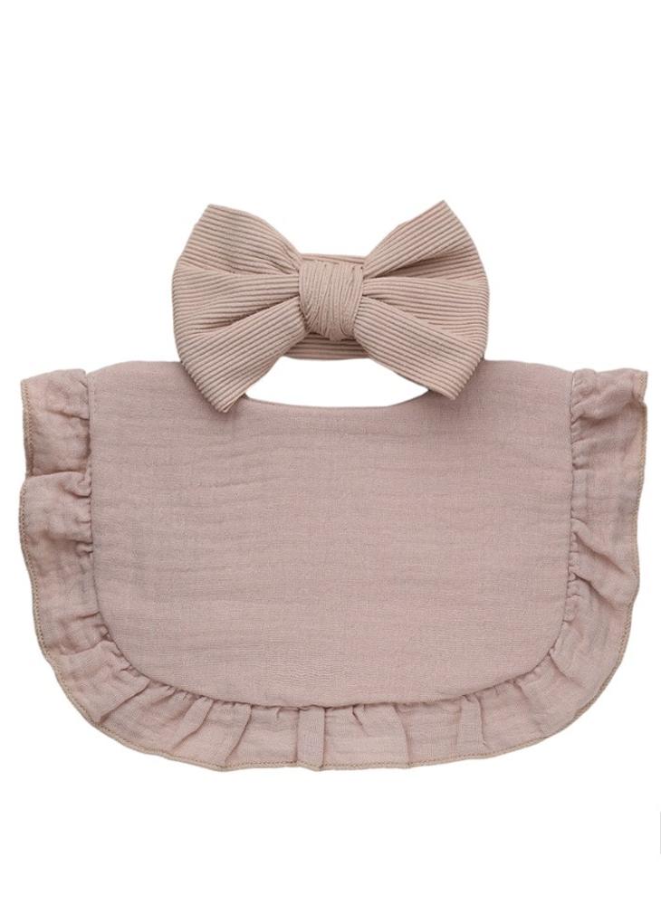 Bambimici Bambimici - Ava Small Ribbon Headband & Baby Bib Set - Light Brown  - Image 1