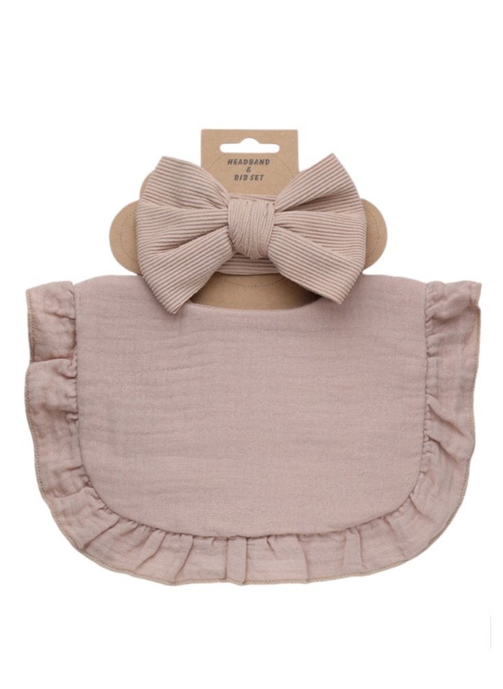 Bambimici Bambimici - Ava Small Ribbon Headband & Baby Bib Set - Light Brown  - Image 2