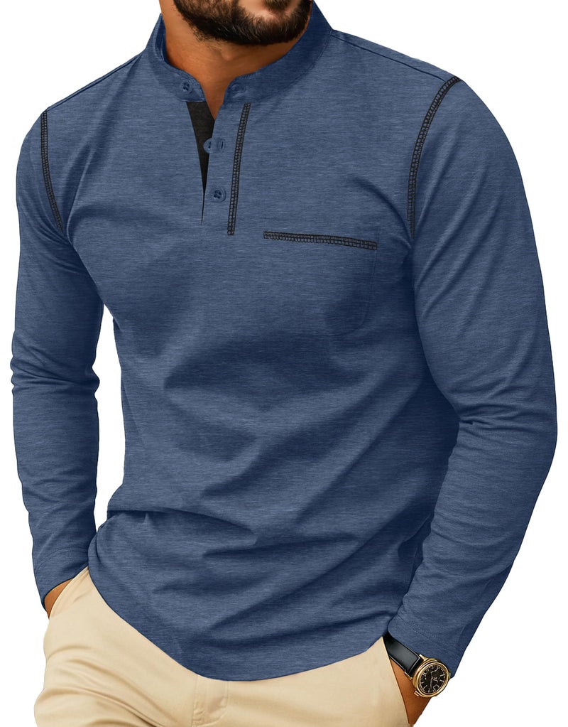 Sailwind Men's Henley Shirts Long Sleeve Button T-Shirt Casual Stylish Cotton Pullover Shirt with Pocket Blue - Image 1