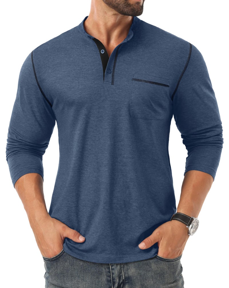 Sailwind Men's Henley Shirts Long Sleeve Button T-Shirt Casual Stylish Cotton Pullover Shirt with Pocket Blue - Image 2