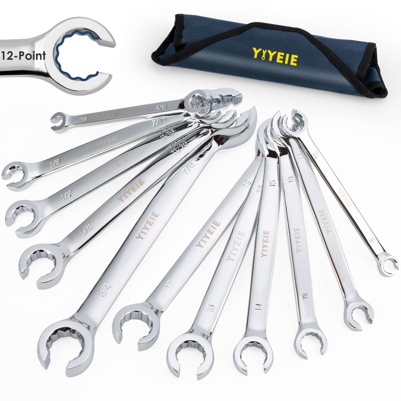 YIYEIE 12-Point Flare Nut Wrench Set Metric & SAE, 8mm-19mm & 1/4"-7/8", 11PCS Offset Line Wrench Set for Brake, Fuel and Tubing, CR-V Steel, Double Open End with Organizer Pouch for Removing Nuts - Image 1