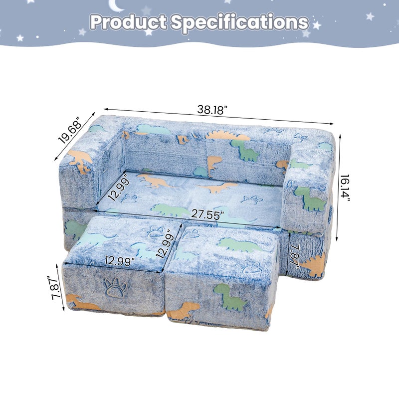 furlinkhm Toddler Couch, Glow in The Dark Kids Play Couch Toddler Fold Out Couch, Kids Fold Out Couch for playroom, Convertible Baby Fold Out Play Foam and Floor Cushion for Bedroom, Blue+Dinosaur - Image 2