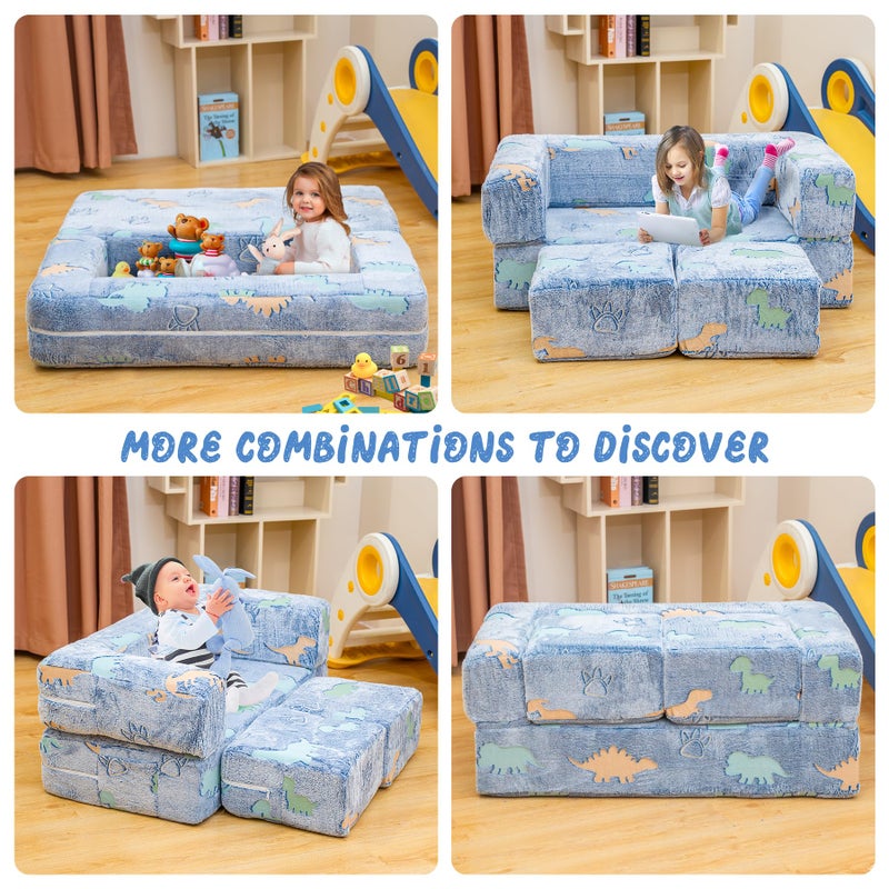 furlinkhm Toddler Couch, Glow in The Dark Kids Play Couch Toddler Fold Out Couch, Kids Fold Out Couch for playroom, Convertible Baby Fold Out Play Foam and Floor Cushion for Bedroom, Blue+Dinosaur - Image 4