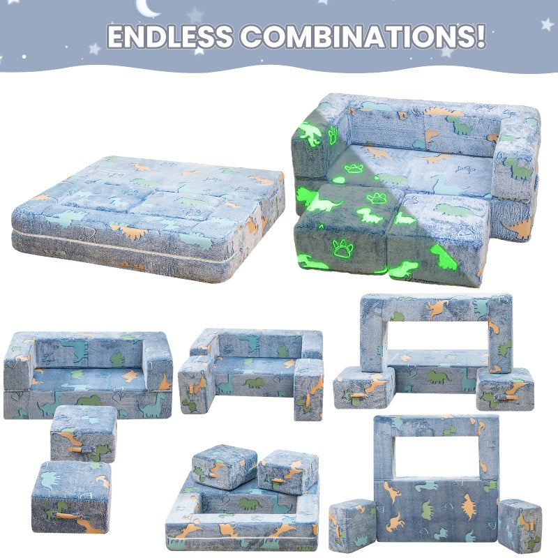 furlinkhm Toddler Couch, Glow in The Dark Kids Play Couch Toddler Fold Out Couch, Kids Fold Out Couch for playroom, Convertible Baby Fold Out Play Foam and Floor Cushion for Bedroom, Blue+Dinosaur - Image 3