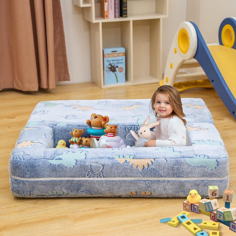furlinkhm Toddler Couch, Glow in The Dark Kids Play Couch Toddler Fold Out Couch, Kids Fold Out Couch for playroom, Convertible Baby Fold Out Play Foam and Floor Cushion for Bedroom, Blue+Dinosaur - Image 5