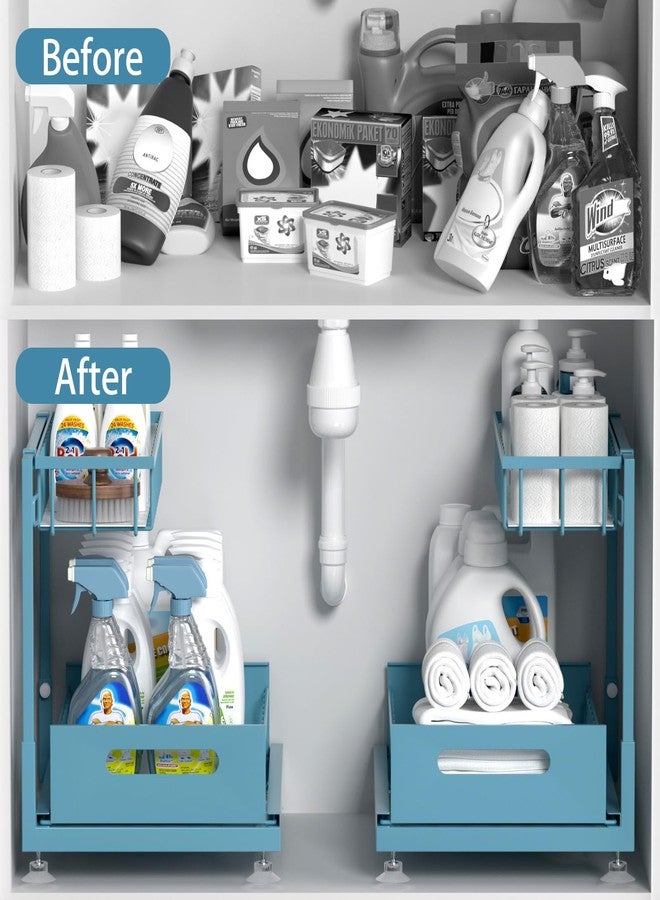 Saydear 2 Pack Under Sink Organizer Storage 2-Tier Premium Metal Pull-Out Racks, Height Adjustable, Easy Installation | Kitchen & Bathroom Organizers Teal - Image 2