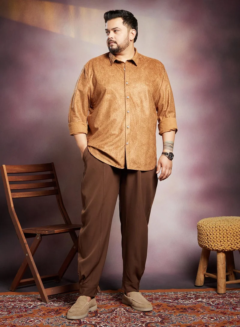 Instafab Plus  Instafab Plus Men's Copper Brown Crevice-Tactile Shirt For Casual Wear | Spread Collar | Long Cuffed Sleeves | Button Closure | Plus Size Shirt Crafted With Comfort Fit For Everyday Wear for Men | Best Price UAE