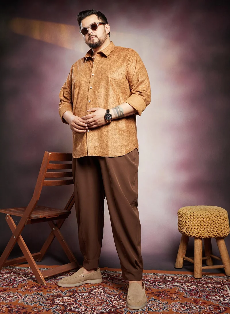 Instafab Plus  Instafab Plus Men's Copper Brown Crevice-Tactile Shirt For Casual Wear | Spread Collar | Long Cuffed Sleeves | Button Closure | Plus Size Shirt Crafted With Comfort Fit For Everyday Wear for Men | Best Price UAE