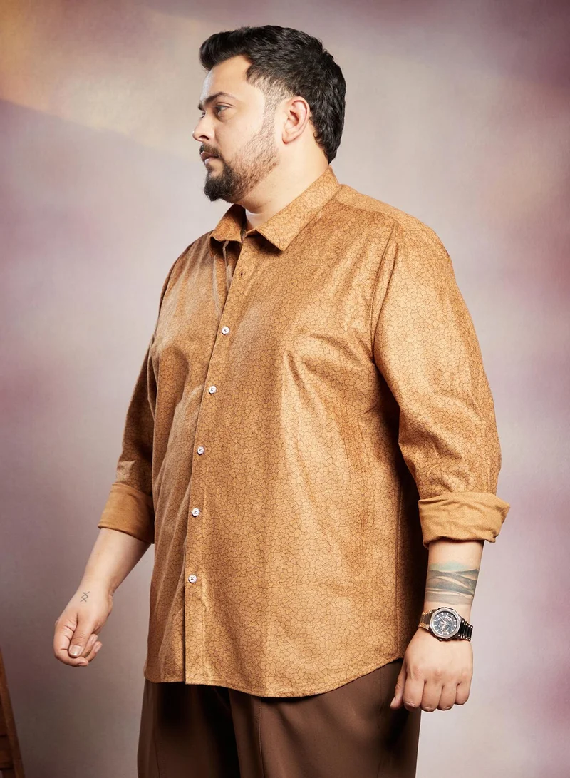 Instafab Plus  Instafab Plus Men's Copper Brown Crevice-Tactile Shirt For Casual Wear | Spread Collar | Long Cuffed Sleeves | Button Closure | Plus Size Shirt Crafted With Comfort Fit For Everyday Wear for Men | Best Price UAE