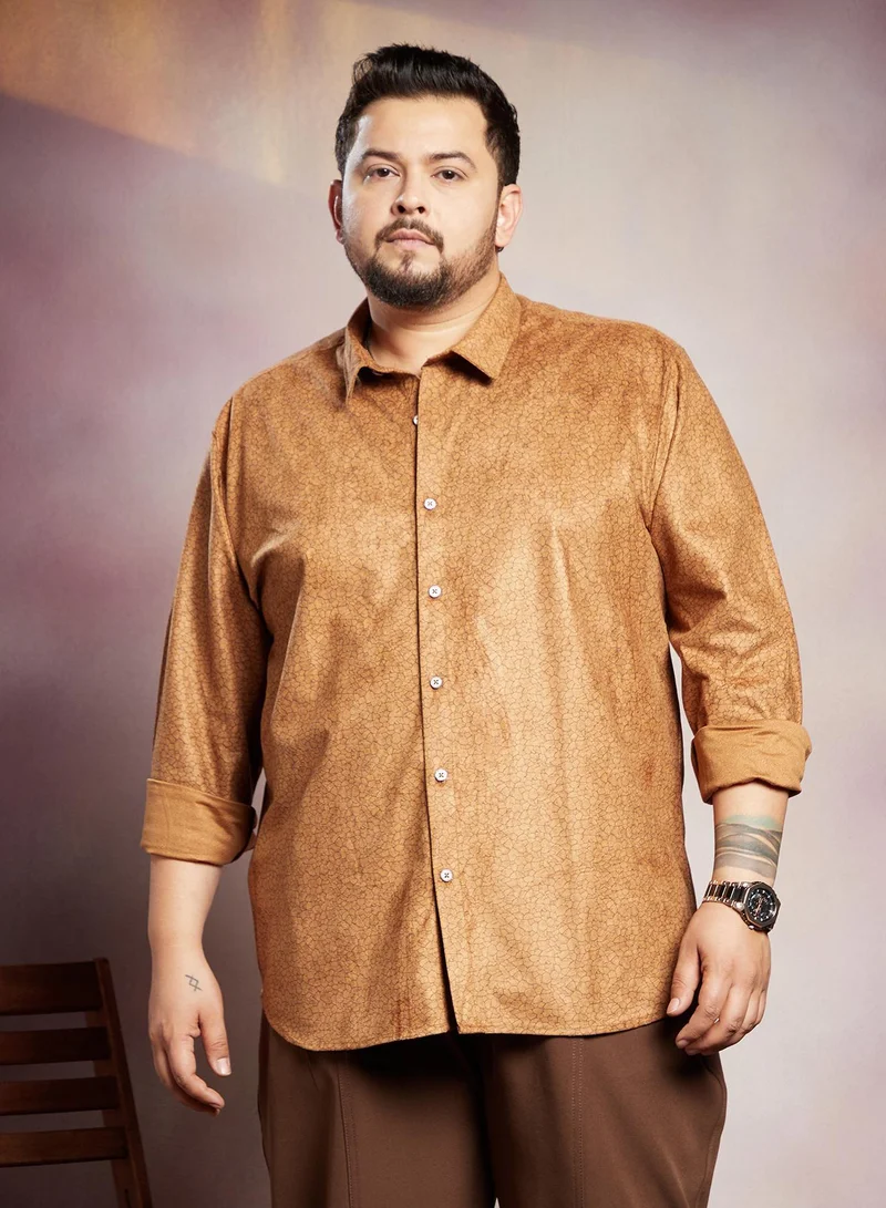 Instafab Plus Instafab Plus Men's Copper Brown Crevice-Tactile Shirt For Casual Wear | Spread Collar | Long Cuffed Sleeves | Button Closure | Plus Size Shirt Crafted With Comfort Fit For Everyday Wear